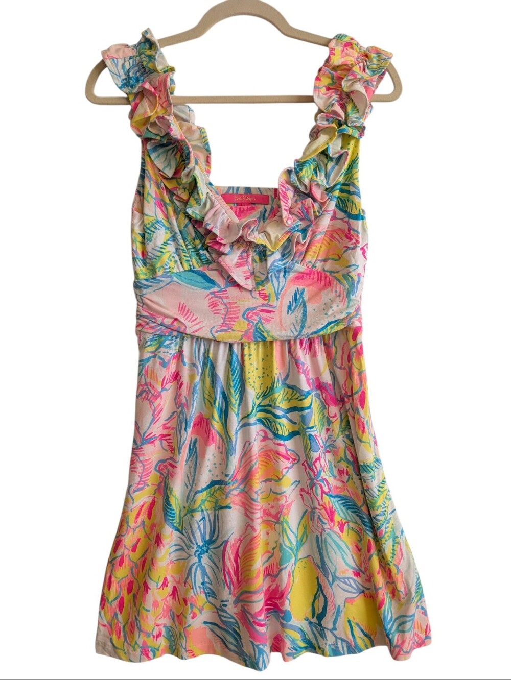 Lilly Pulitzer Floral Mini Dress Bright Ruffle Collar Sleeveless Size S Tropical